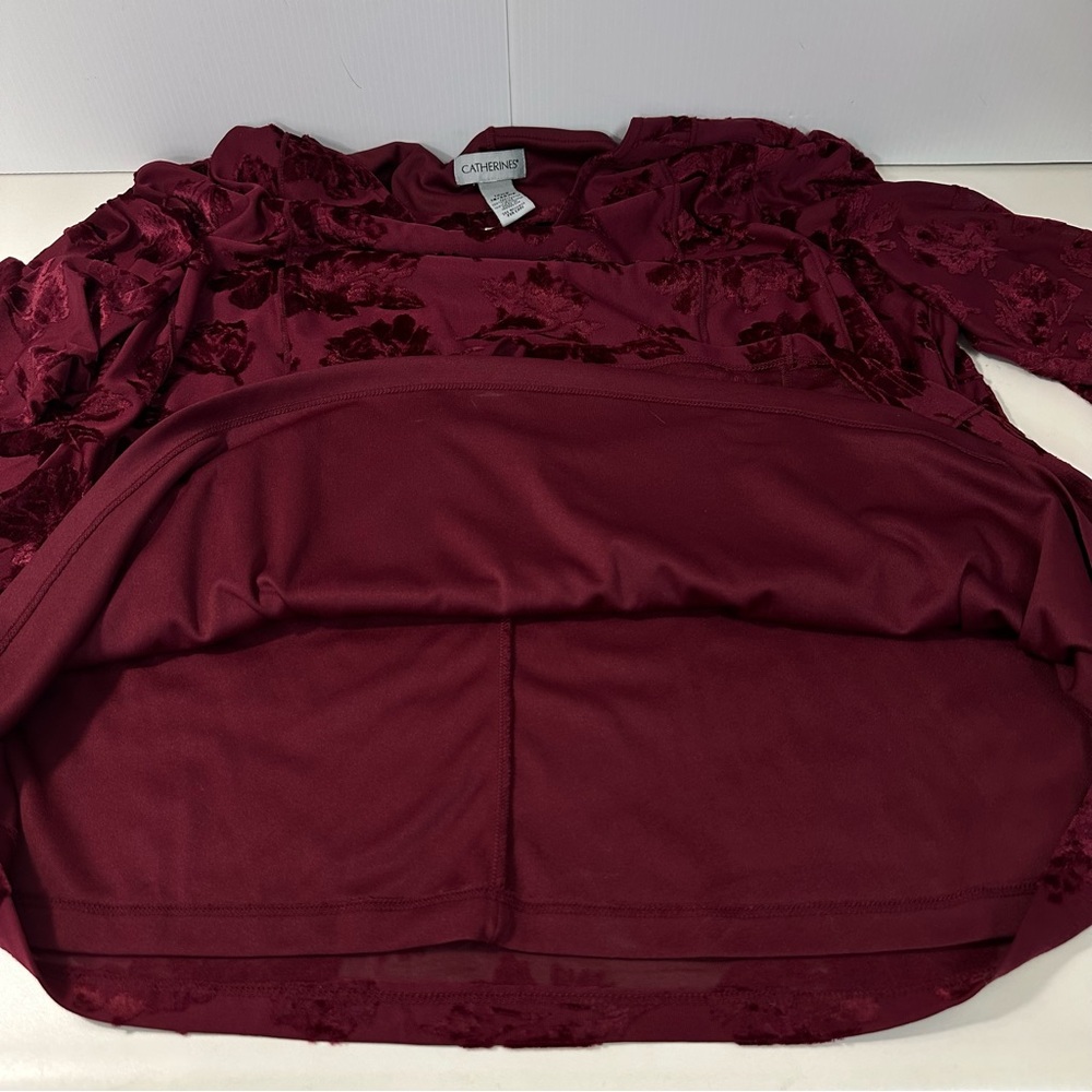 Catherines Red Moroon 3/4 Sleeve Burnout Crushed Velvet Tunic 1X/18-20 Holidays - Picture 4 of 13